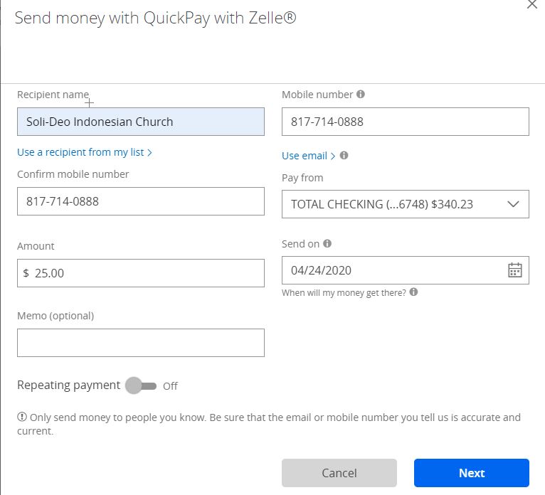 How to donate via zelle soli deo indonesian church
